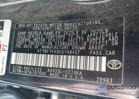2012 Toyota Camry Se from USA, damaged, VIN 4T1BF1FK6CU148457